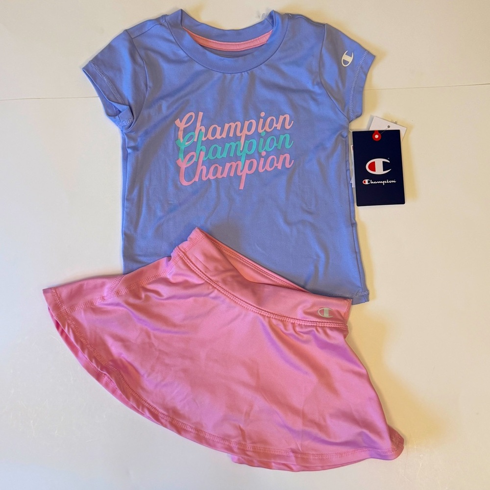 Champion Baby Blue Logo Printed Tee and Pink Skort Set Girls Size 18 months NWT